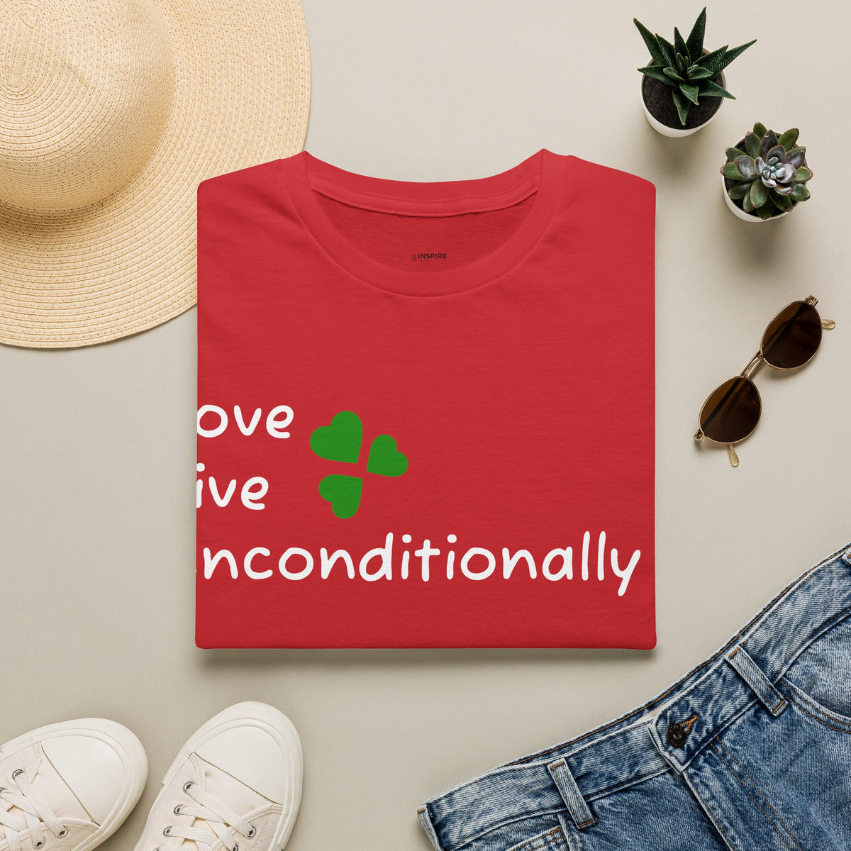 Love Unconditionally T-Shirt — Green Clover Heart Inspirational Tee