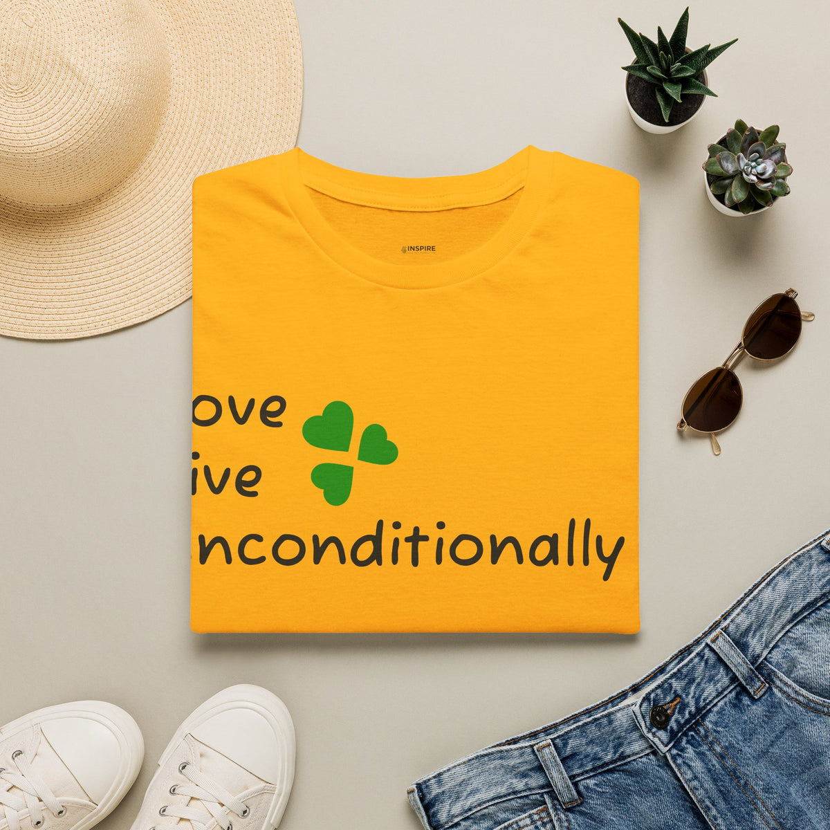 Love Unconditionally T-Shirt — Green Clover Heart Inspirational Tee