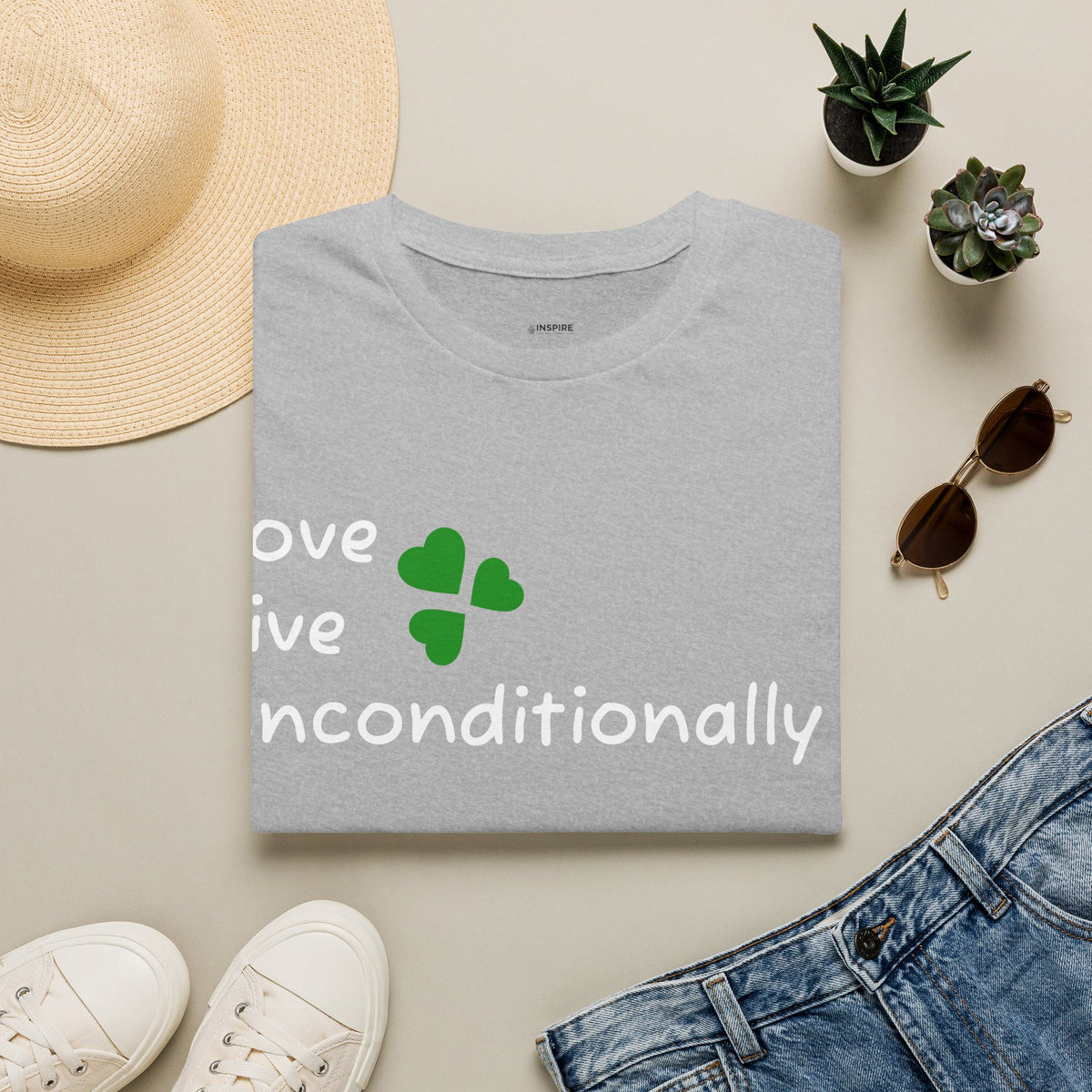 Love Unconditionally T-Shirt — Green Clover Heart Inspirational Tee