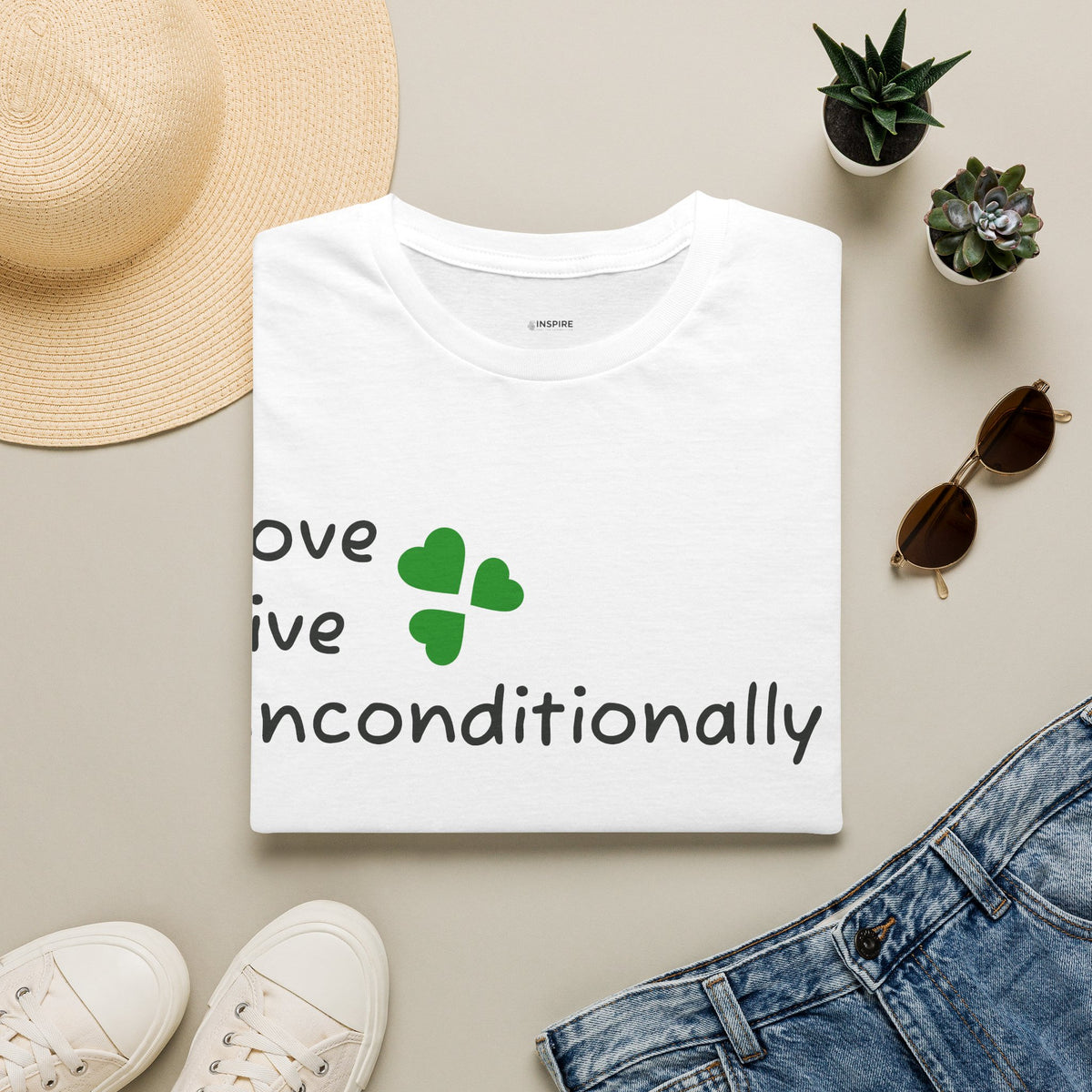Love Unconditionally T-Shirt — Green Clover Heart Inspirational Tee