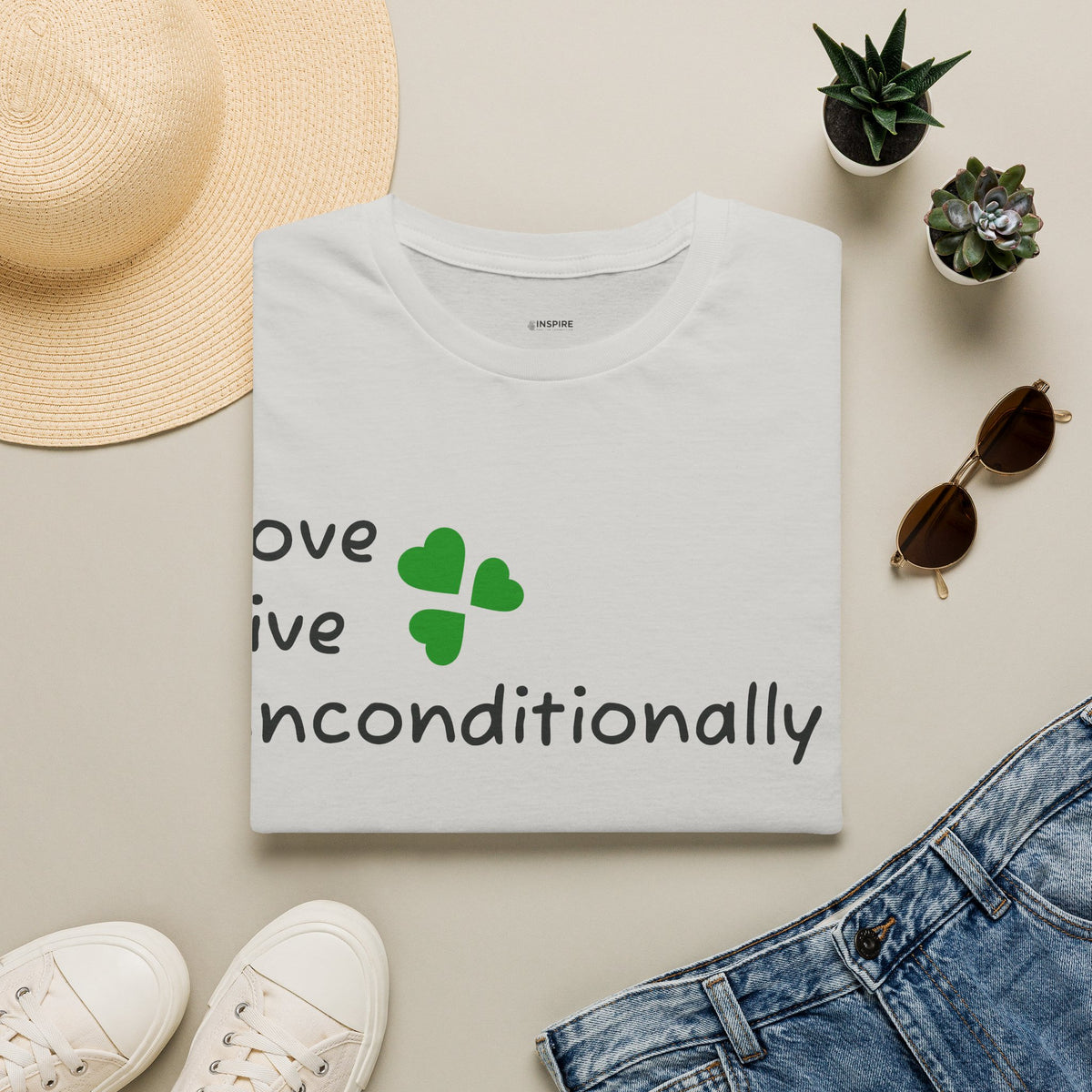 Love Unconditionally T-Shirt — Green Clover Heart Inspirational Tee